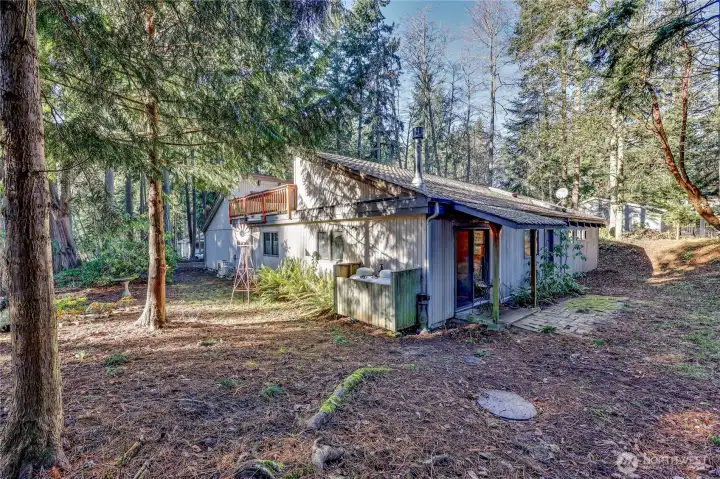 The side of the house houses the two propane tank that fuel the two fireplaces and the cooktop. The deck railing is for the flat roof.