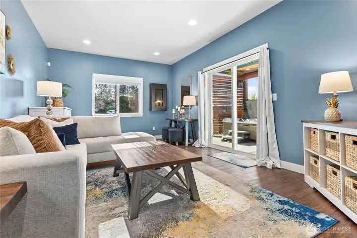 Lower family room with direct access to pool, hot tub & backyard