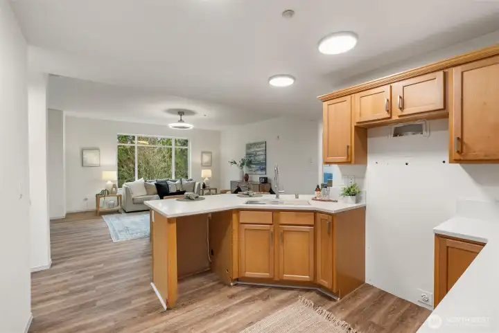 Dining area flows seamlessly from the kitchen