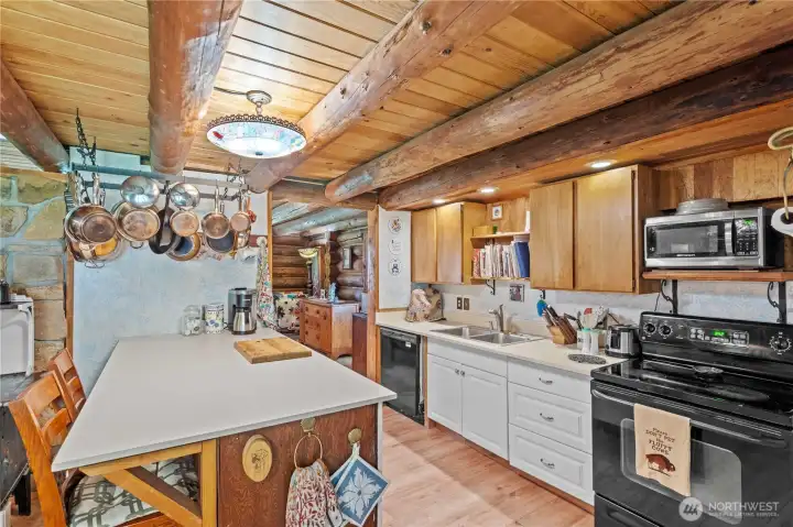 Kitchen w/Pot Rack, Breakfast Bar and newer Glass Top Range, Dishwasher and Microwave. Dual Basin Stainless Steel Sink w/Cookbook shelf above.