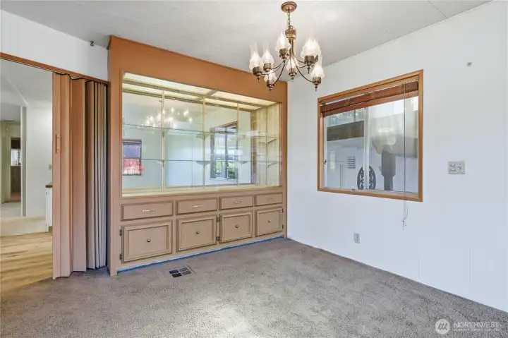 Dining space with built in cabinets