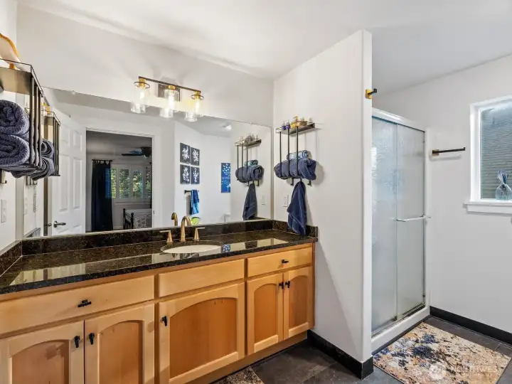 Large, beautiful vanity with new light fixture