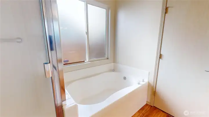 A great place to rest and relax after a rough day!  This soaking tub is a wonderful reprieve.  Not a tubber?  then the separate shower is for you and it is just to the left of this photo.  Not the large obscure glass window bathing the bath in so much natutural light.