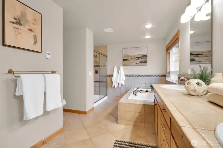 Bright primary bath with plenty of storage.