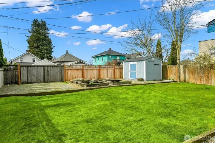 West facing fenced in backyard with raised garden beds and handy storage shed.