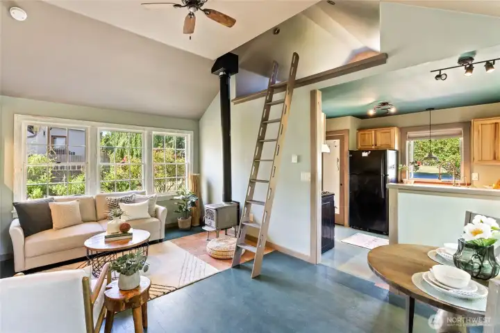 Vaulted ceiling to sleeping loft.