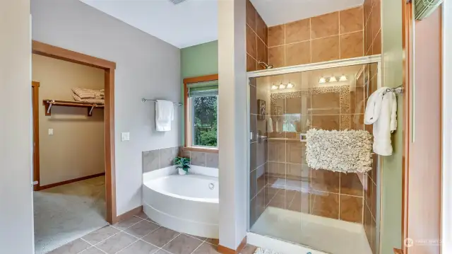 Primary bathroom with shower, tub, and water closet.  (photo shows staging, home is no longer staged).