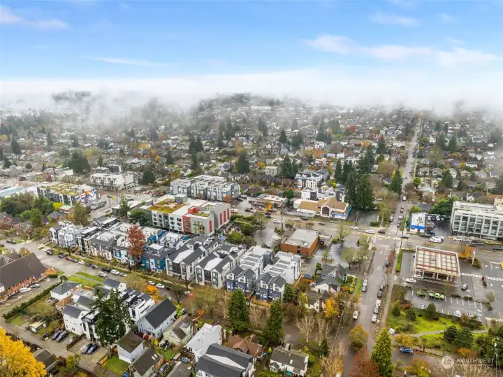Aerial views show the model home in its prime Whittier Heights location, surrounded by local shops, parks, and vibrant neighborhood attractions.