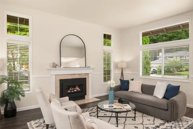 High Ceilings with lots of natural light, gas fireplace and windows on 3 sides of the room.