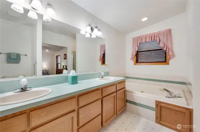 Walk-in shower, jetted tub, two sinks in Owner’s Suite