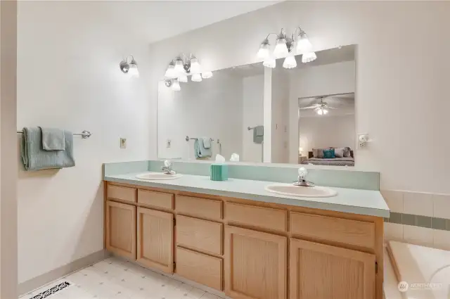 Walk-in shower, jetted tub, two sinks in Owner’s Suite