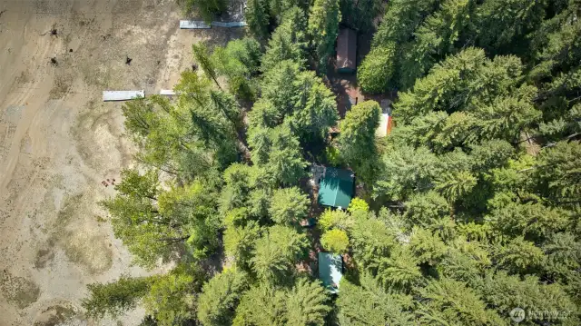 Aerial View of Cabin and Lake Front Beach on Left