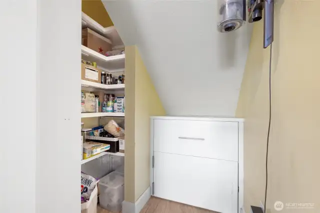 As we head out of the Family room, back toward the office, we continue on to find the Pantry. Tap lights adorn each shelf helping you find just the right snack. Notice the handled drawer just in front of you? That is a heavy-duty pull-outy drawer for your lager appliance or stock pots. Just below the drawer is the crawl space access panel.