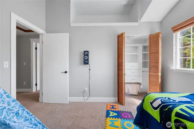 This room features vaulted ceiling, California closet system and upper loft/storage area. Imagine that upper area with a safety rail and ladder. How fun would that be?