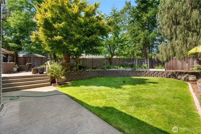 Yes, another space! This lower level yard is level and lush! Again, the staked sprinkler system stays. The plants above ground are all on a drip system too!