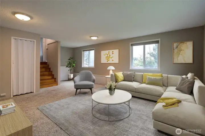 Lower level family room, virtually staged