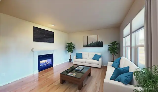 Second side of the stunning double-sided gas fireplace, creating a cozy ambiance in the formal living room. Offering a bright and serene atmosphere perfect for relaxing or entertaining. Photo is virtually staged.