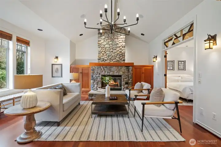 family room, adjacent to primary, fireplace