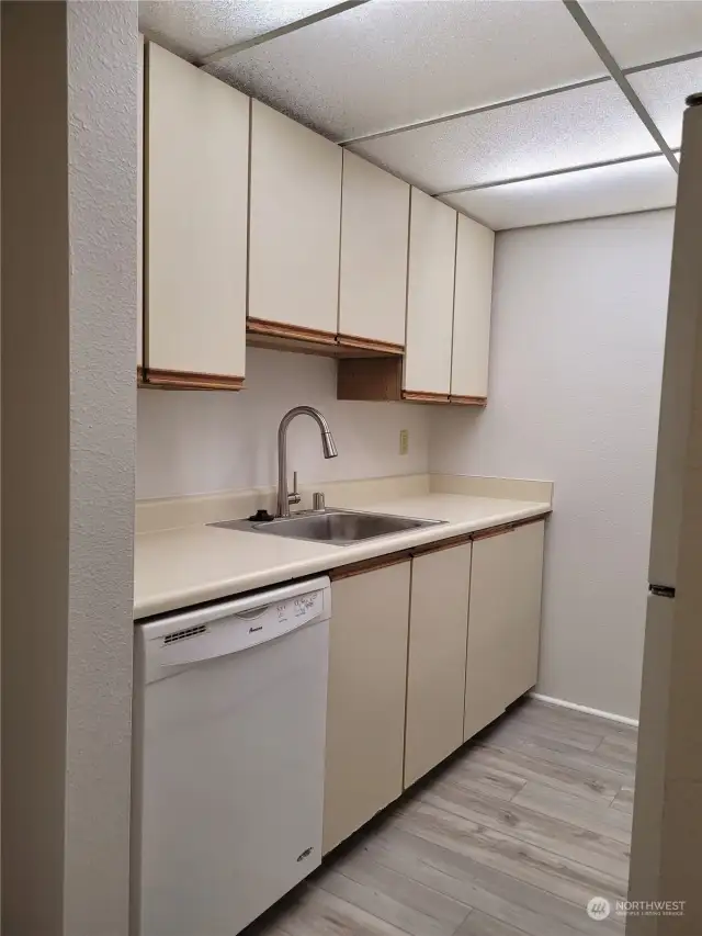 Galley kitchen with new sink and garbage disposal