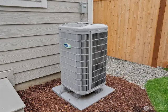High efficiency 5-stage heat pump with wifi thermostat providing both heat and air-conditioning. Home under construction, photo for illustration only.