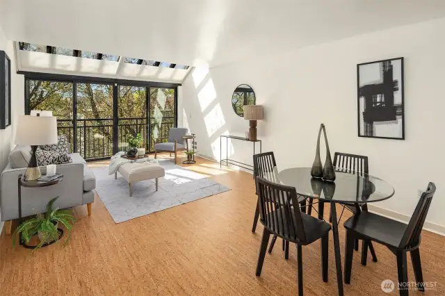 The living room exudes style, enhanced by distinctive cork flooring that offers an elevated and unique flair.