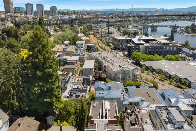 Looking east to the mountains, the ship canal bridge, and the University District.