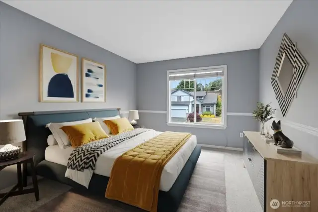 Bedroom one located upstairs (virtually Staged)