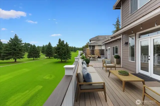 Timbertech decking that is "Engineered To Last A Lifetime" in the backyard. Amazing views of fairway number 5 of Northshore GC (virtually staged and golf course rendering to show view after renovation complete)