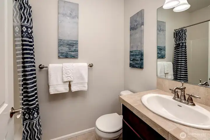 Main hall bathroom with shower and tub. Serves the second bedroom or guests.