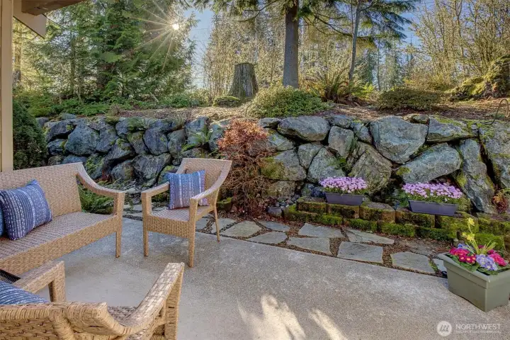 Serene private backyard patio great for bird watching and enjoying the sounds of nature right outside your door. Plant a garden in the area to the left of the chairs.