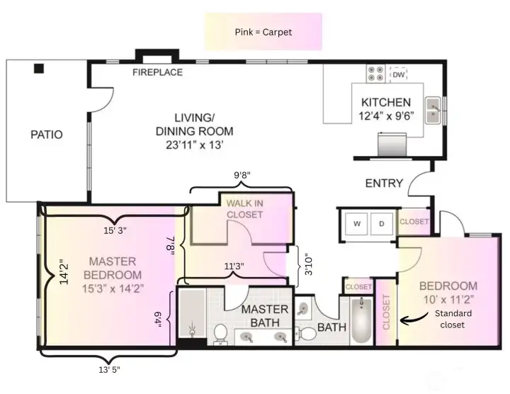 Floor plan with locations showing new carpet. The rest of the flooring in the great room and hallways is a laminate hardwood flooring and bathrooms have ceramic tile.