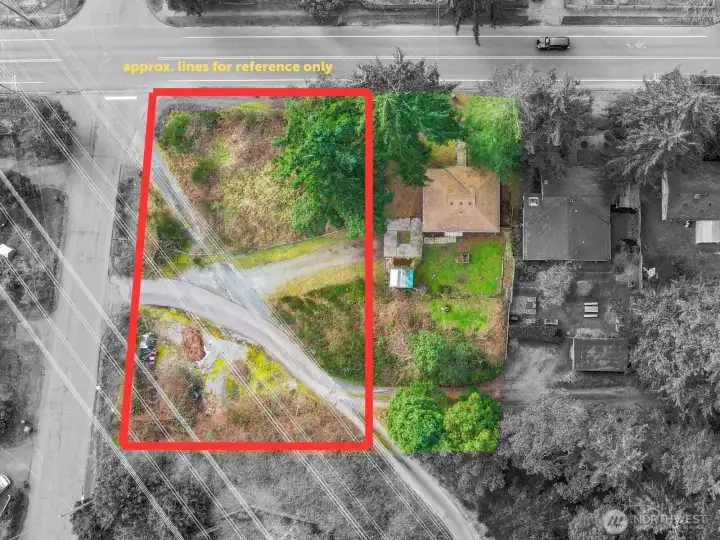 Aerial drone view showing approximate property lines and lot size.