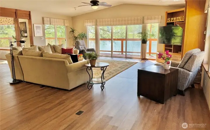 Walls of windows showcase breathtaking water views.