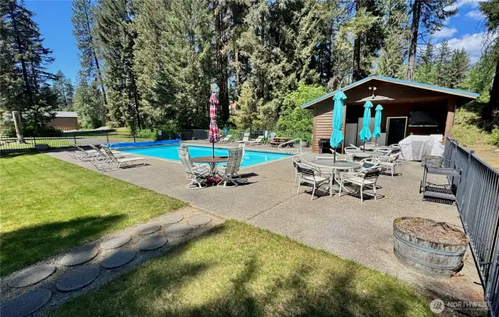 Poolside living surrounded by towering evergreens.