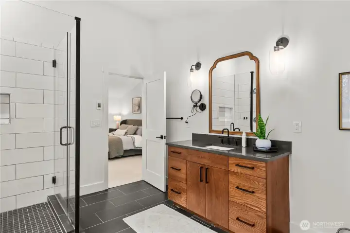 Heated floors in primary bath. Heated floors in primary bath.