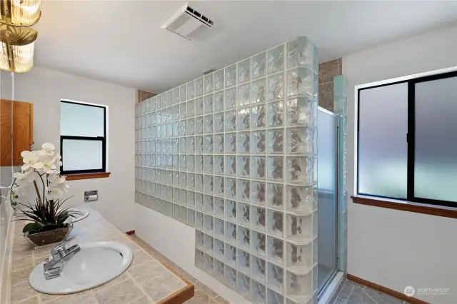 Here you can see the perfect design of this  space. Notice the wavy glass for privacy.