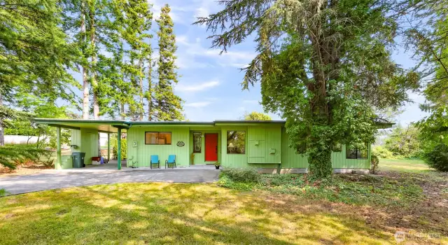 A private driveway amidst tall fir trees takes you into the one level home.