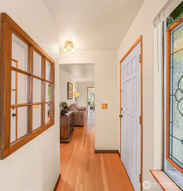 Entry inside from front door.  Softwood fir flooring greets you.