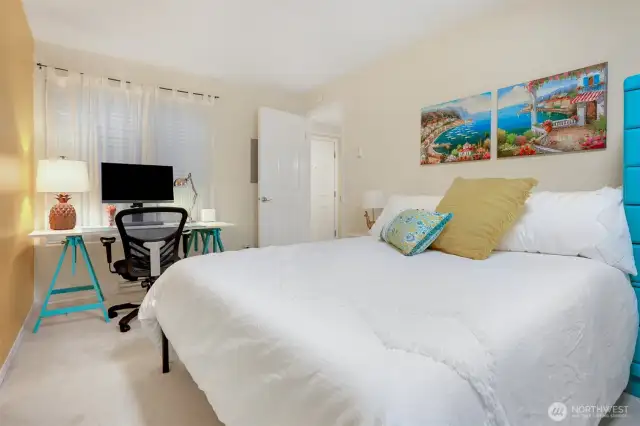 The second bedroom is large enough to have a good-sized bed and a home office space (seller currently works from home).