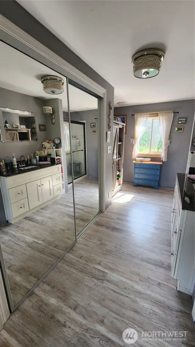 The primary bathroom has been updated to include a spacious walk-in closet, as well as a modern vanity and shower.