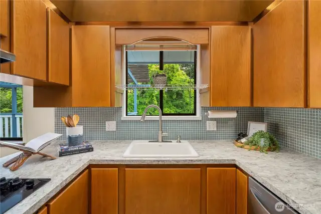 Enjoy looking out the kitchen window to the beautiful landscaped backyard.