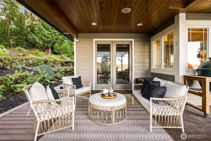 Plumbed for natural gas, the outdoor covered area is ready for your dream outdoor kitchen.