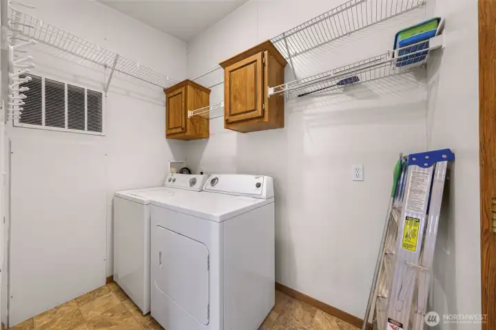 Furnace is behind the cover seen at left, yes the washer and dryer will stay.  This is a nice storage area for your supplies and has a space for an organizer where the ladder (not included) is shown.  Nice storage racks already installed for you.