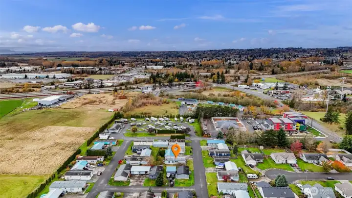Aerial view with a location dot to show the home in relation to the area of Ferndale.