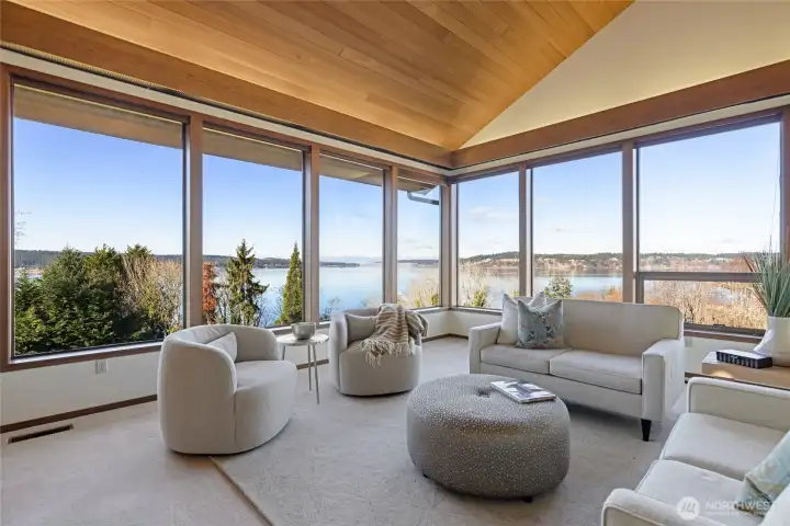 Living Room with views of the Sound, Olympics and Narrows Bridges.