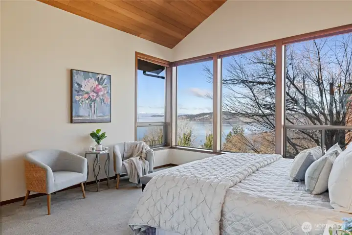 Primary Suite with views of the Sound, Olympics & Narrows Bridges.