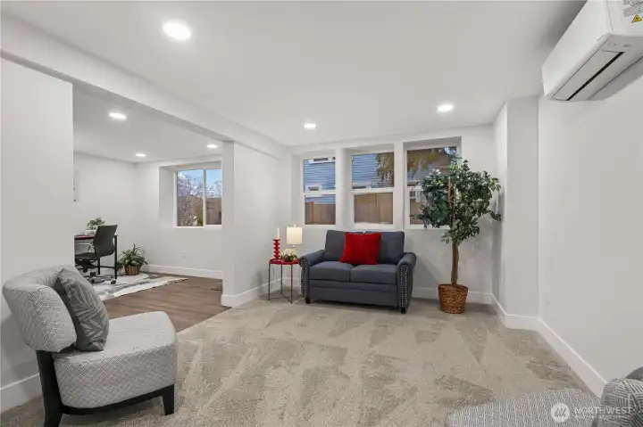 Living Room off Entry with Mini-Split for Heating and Cooling.