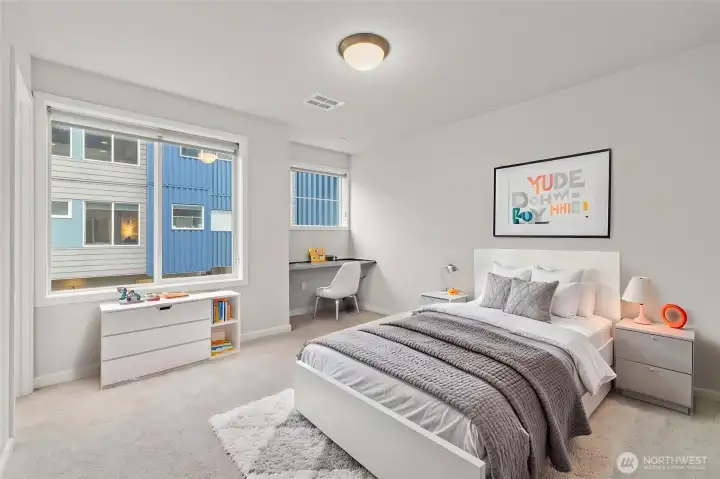 Second bedroom with dedicate work desk, ensuite bathroom & walk-in closet (virtually staged)