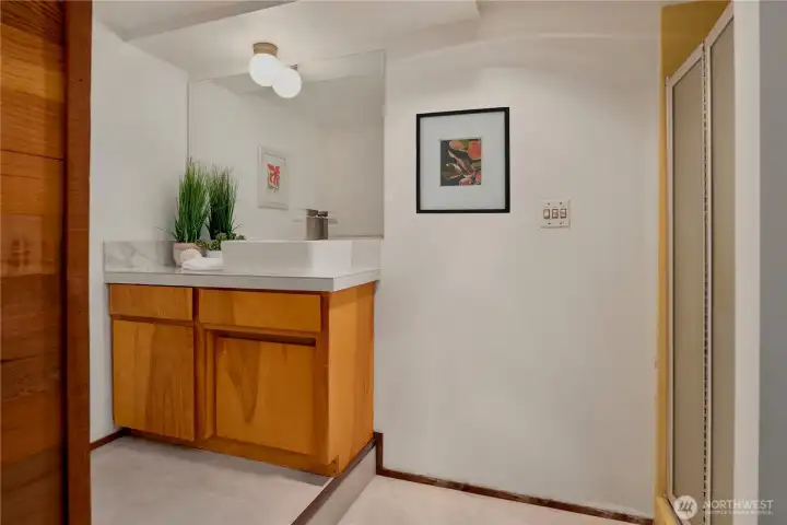 Three quarter bath on the lower level, with new flooring, toilet and sink.