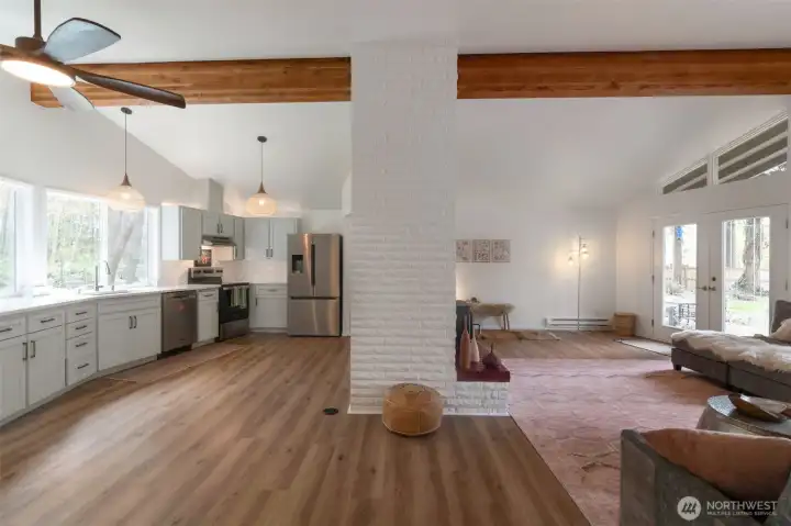 Great room looking south, kitchen living area